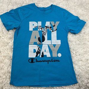 Champion T-Shirt Boys Size 10/12 Play All Day Script Logo Blue Crew Short Sleeve